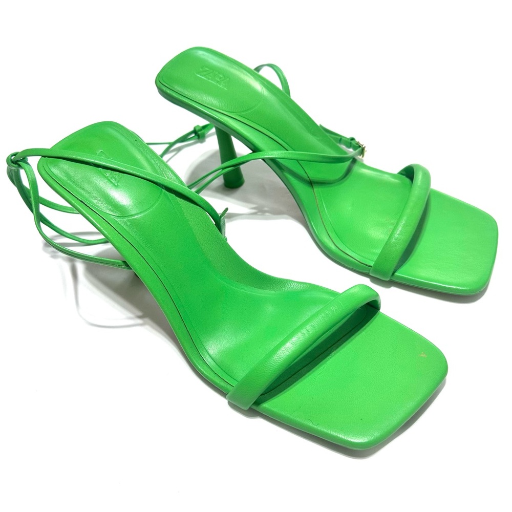 Zara Green Women’s Leather Square Toe Lace Up Sandals Size 36